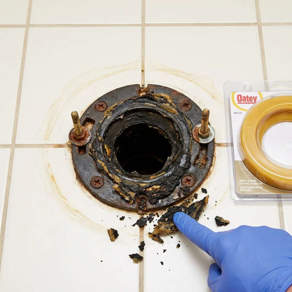Failed wax ring showing water seepage at the base of a toilet in a Woodward, OK home