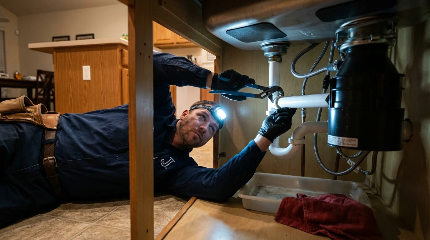 P-trap and supply line connections under a kitchen sink showing a common leak point in Woodward, OK